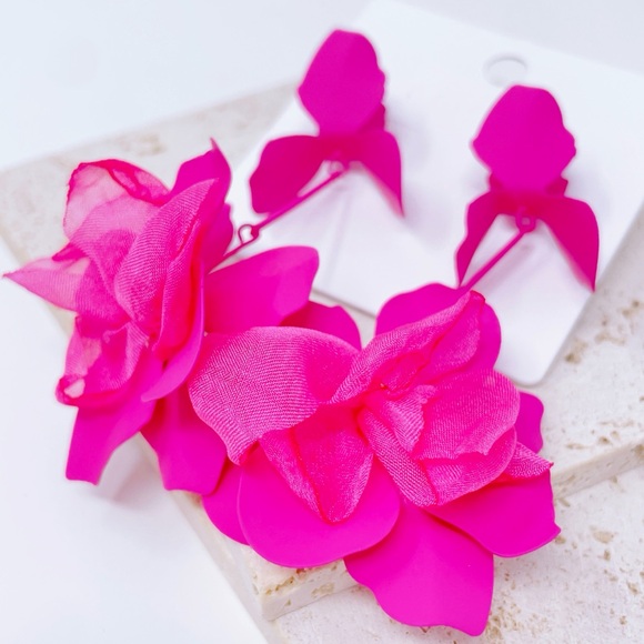 Pink Flower Statement Earrings - Picture 2 of 5